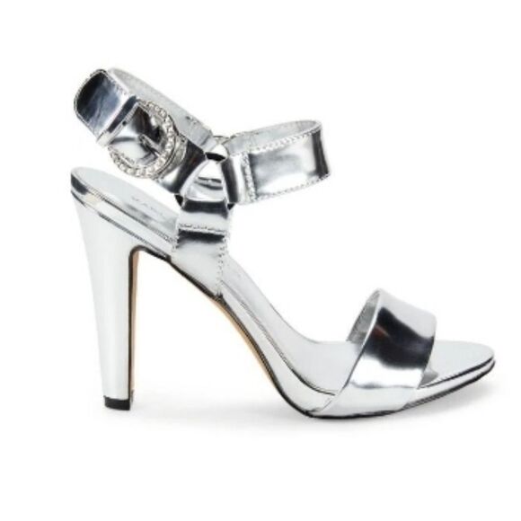 NWT Karl Lagerfeld Cieone Metallic Silver Lame Strappy Heel Sandal Size 7.5 9 - Picture 1 of 12